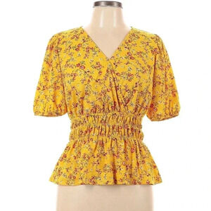 Parallel Skies Womens Yellow Floral Short Sleeve Blouse Size Medium